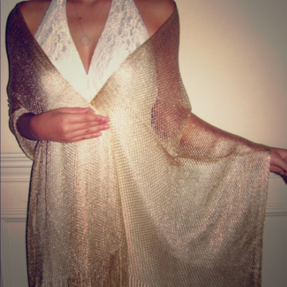 Metallic Gold Net Evening Shawl/Wrap -W- Fringe